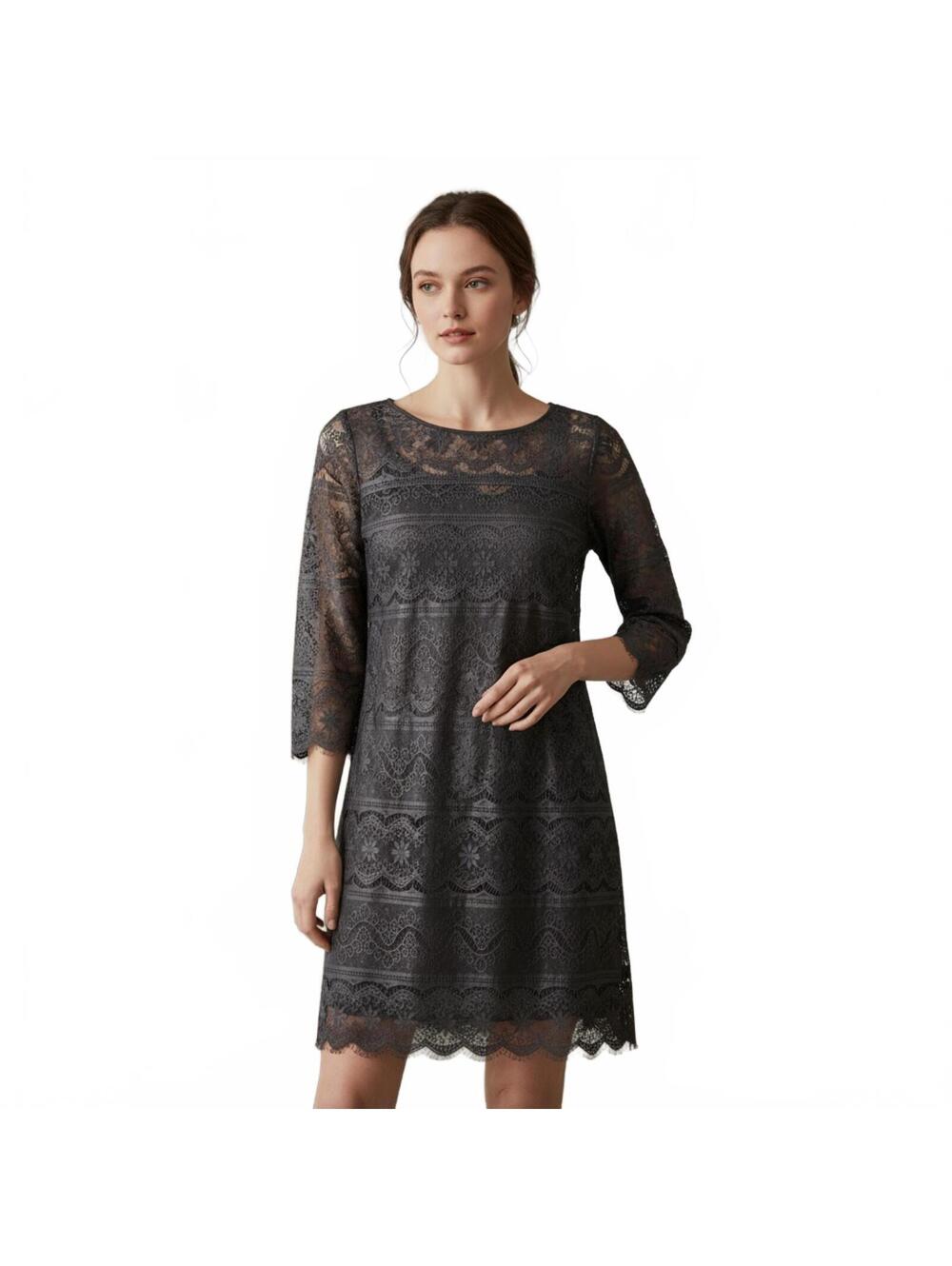 Max Studio Black Lace Dress with Sheer Floral Pattern and 3/4 Sleeves Size Small